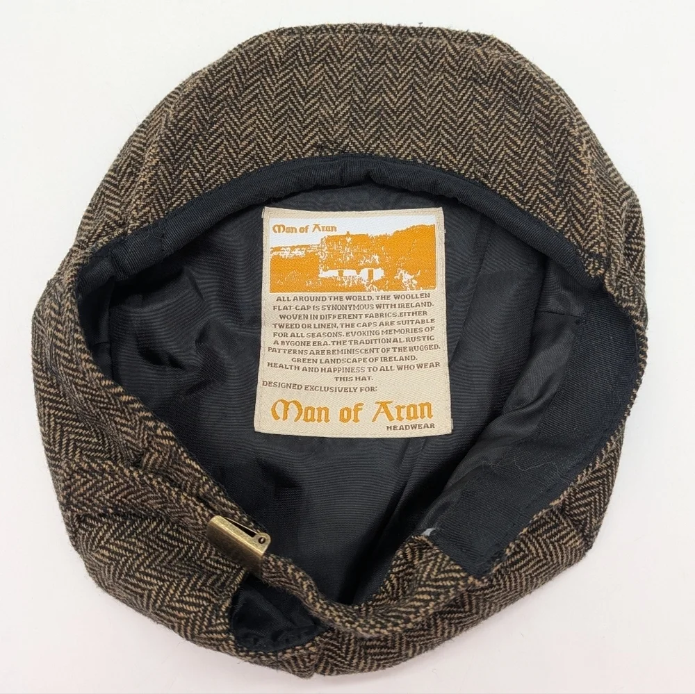 Man Of Aran Brown Yellow Clover Wool Flat Cap Hat